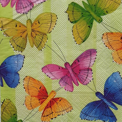 #010 serviette papier papillons - 1 face 12,5 x 12,5 cm rose vert bleu