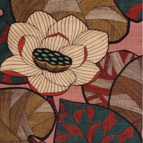 Tissu toile de lin fleuri nénuphars, tissu à motifs fleurs, fibre textile, rideau siège, textile ameublement, etoffe,