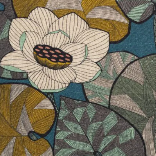 Tissu lin fleuri nénuphars, tissu à motifs fleurs, fibre textile, rideau siège tenture, textile ameublement, garniture, etoffe,