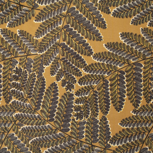 Tissu velours imprimé de fougères, symbole de vie, coloris jaune fond bronze. tissu haut de gamme au mètre,