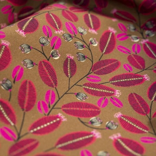 Tissu coton imprimé feuilles, tissu à motifs fleurs, fibre textile, rideau siège tenture, textile ameublement, garniture, etoffe,