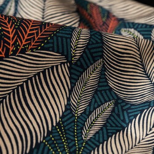 Tissu coton imprimé vegetal, tissu à motifs feuilles, fibre textile, rideau siège tenture, textile ameublement, garniture,