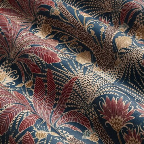 Tissu coton imprimé palmiers, tissu à motifs fleurs, fibre textile, rideau siège tenture, textile ameublement, garniture, etoffe,