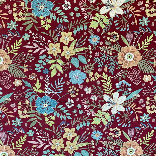 Coton polyester ameublement multicolore,  toile brodée, tissu siège tapissier/mètre, savoir-faire français, coupon de tissu, fleurs