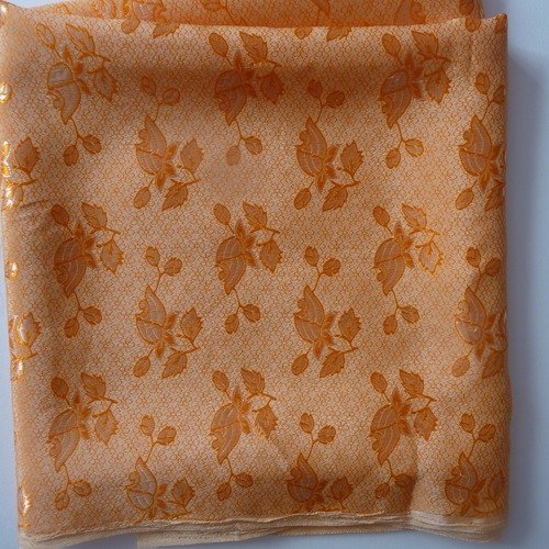 Tissu fleuri - tres joli tissu fond orange irise avec impression fleurs 