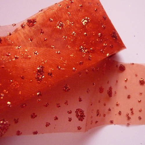 Joli ruban fete - 1,90 m en voile organza,  couleur orange avec paillettes  - ruban fete - toutes occasions