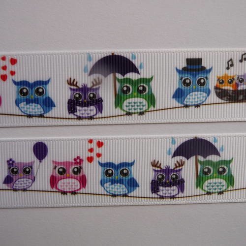 Ruban gros grain motifs petites chouettes  (1 m x 2,5 cm)