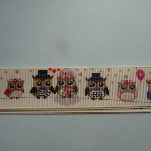 Ruban gros grain fond ecru - motifs mariage petites chouettes 