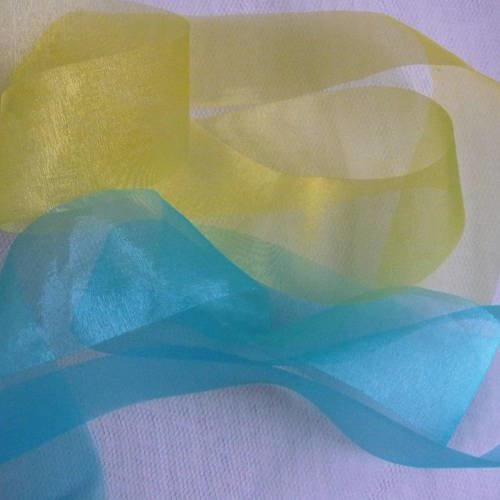 Duo de rubans organza (2 m x 2) couleurs jaune citron et bleu turquoise