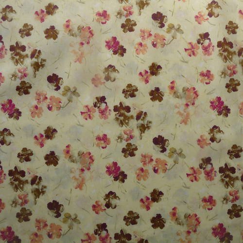 Tissu fleuri - coupon de tissu coton, fond jaune pale avec impression fleurs 