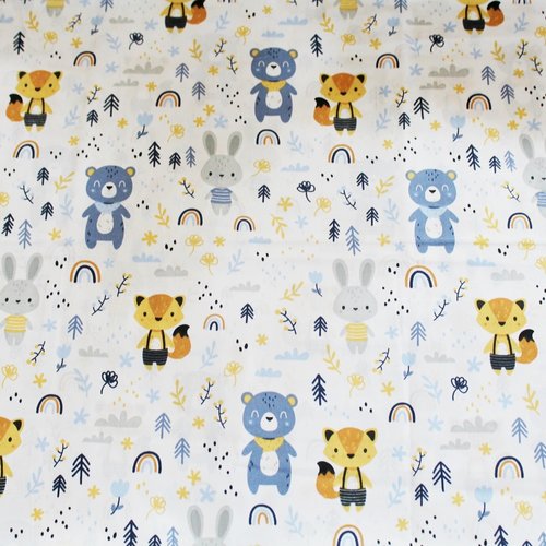 Coupon tissu enfant ours orange et bleu 50x80 cm