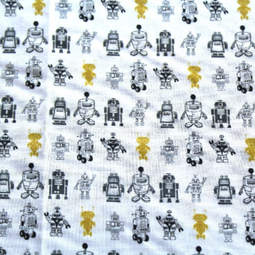 Coupon tissu garçon petits robots gris et jaune 50x70 cm