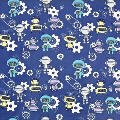 Coupon tissu garçon petits robots bleu  50x80 cm