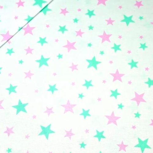 Tissu étoiles blanc, rose et menthe 50x80 cm