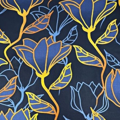 Tissu coton fleurs bleu et doré 50x80cm