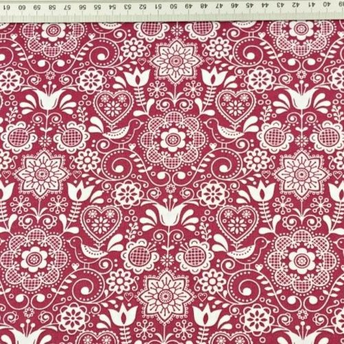 Tissu coton fleurs folk bordeaux et blanc 50x80 cm