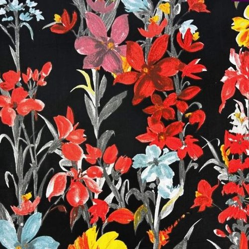 Tissu coton fleurs multicolores sur fond noir 50x80 cm