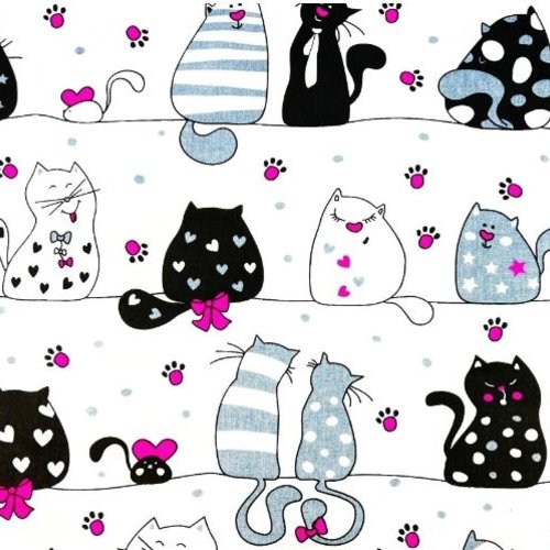 Tissu enfant chats rose, noir et blanc  50x80 cm