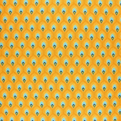 Tissu coton plumes jaune et turquoise 50x80 cm