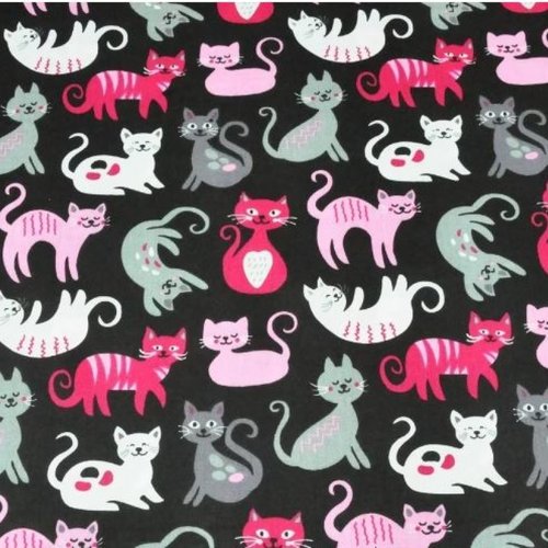 Tissu coton enfant chat noir et rose 50x80 cm