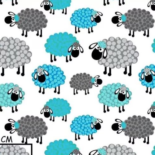 Tissu coton moutons turquoise et gris 50x80cm