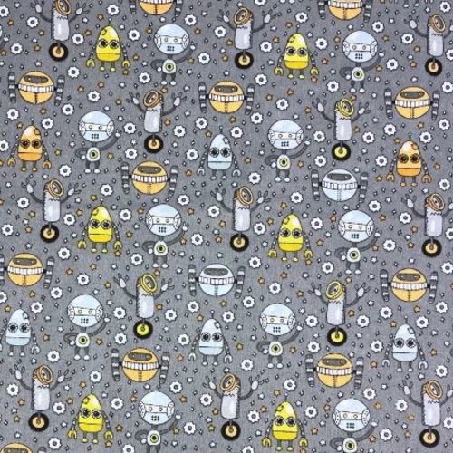 Tissu enfant coton robots jaune, orange et gris 50x80 cm
