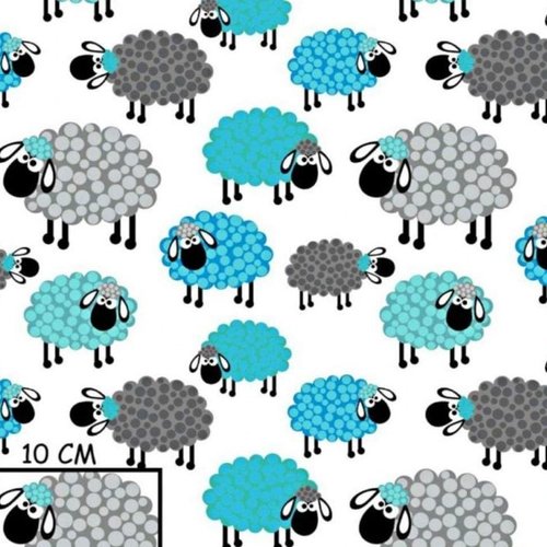 Tissu coton moutons turquoise et gris 50x80cm