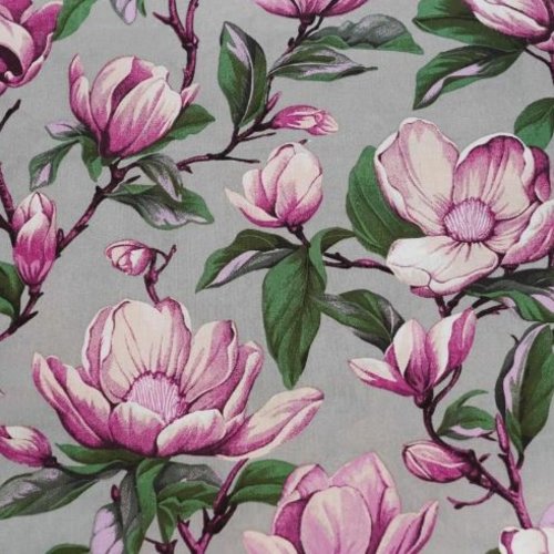 Tissu coton magnolias gris et rose 50x80cm