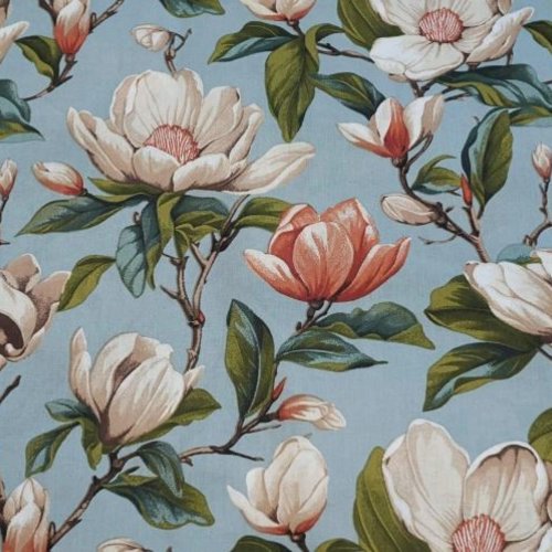 Tissu coton magnolias beige et bleu 50x80cm