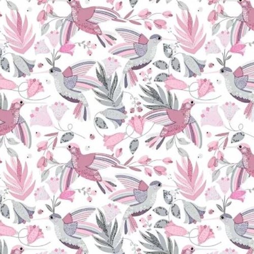 Tissu coton colibris gris et rose 50x80 cm