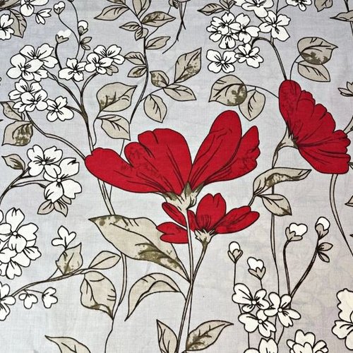 Tissu coton grandes fleurs rouge et beige 50x80 cm