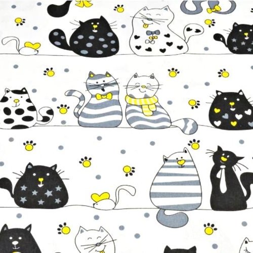 Tissu enfant chats jaune, noir et blanc  50x80 cm