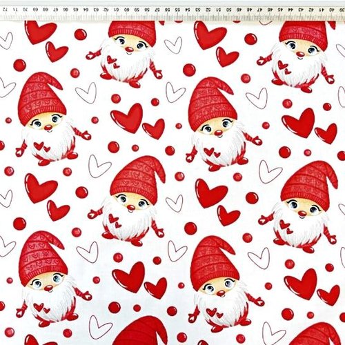 Tissu coton gnomes de noël rouge et coeurs 50x80cm