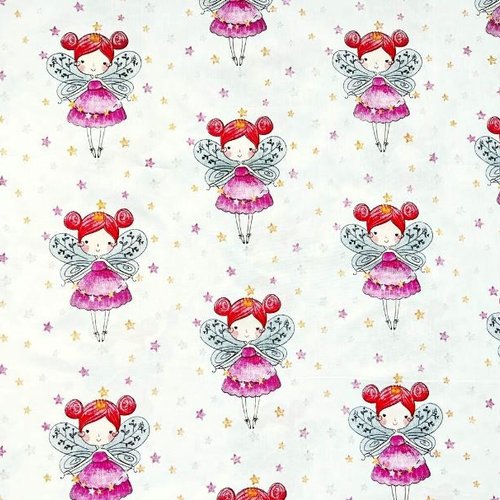 Tissu coton fées rose et blanc 50x80 cm