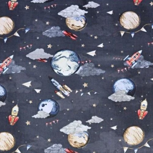 Coupon tissu enfant planètes et fusées 50x80 cm