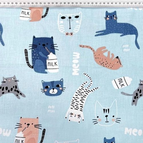Tissu coton chats bleu 50x80 cm