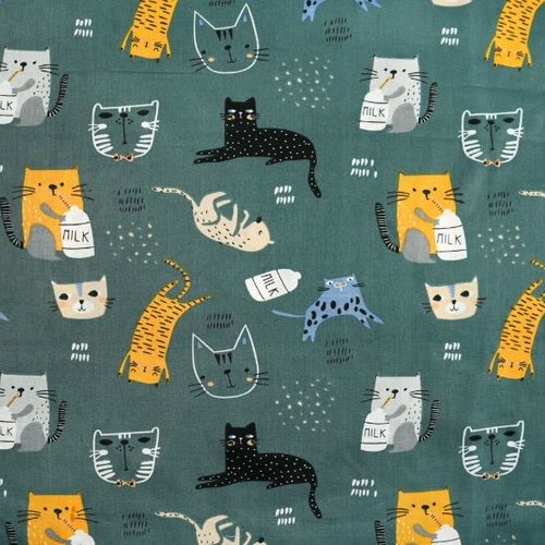 Tissu coton chats vert 50x80 cm