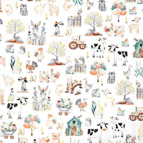 Tissu enfant animaux de la ferme blanc 50x80cm