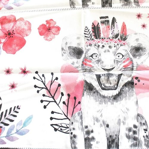 Tissu coton petit lion rose 41x31cm