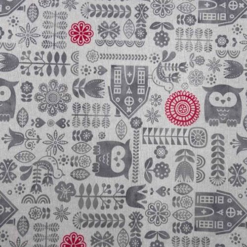 Tissu ameublement hiboux taupe et rouge 55x70cm