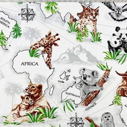 Tissu enfant animaux du monde 50x80 cm