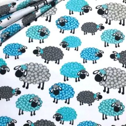 Tissu coton moutons turquoise et gris 50x80cm