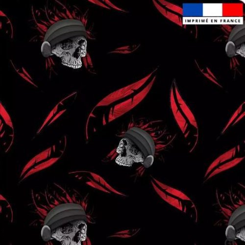 Tissu têtes de mort et plumes rouges 50x72cm