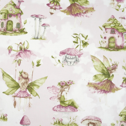 Tissu petites fées roses et vert 50x80 cm