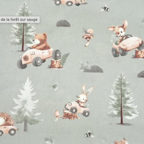 Tissu enfant animaux en voitures 50x80cm