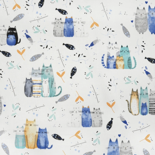 Tissu coton chats bleu et gris 50x80 cm