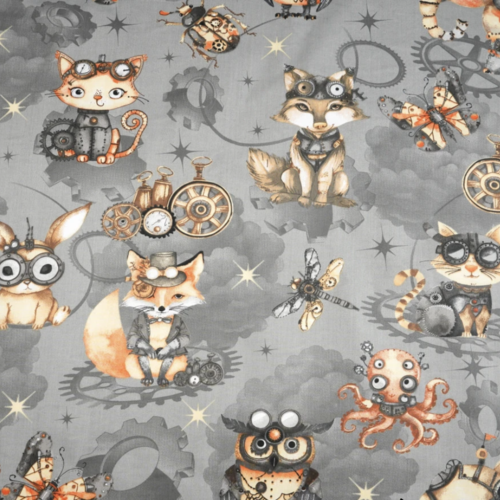 Tissu enfant animaux mécaniques gris 50x80cm