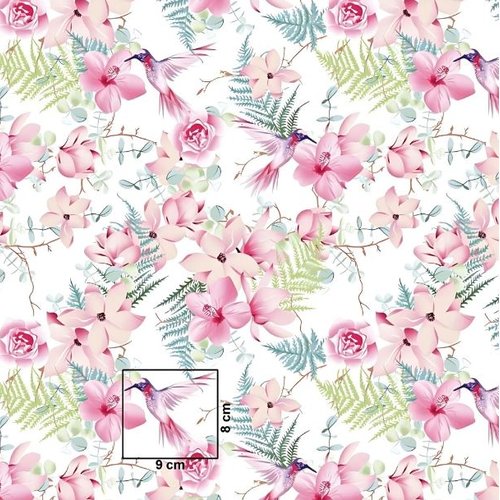 Tissu coton colibris et fleurs 50x80cm