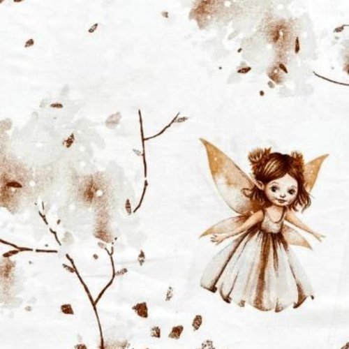 Tissu petites fées marron et blanc 50x80 cm