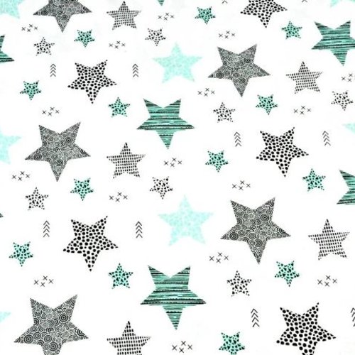 Tissu étoiles blanc, noir et menthe 50x70 cm